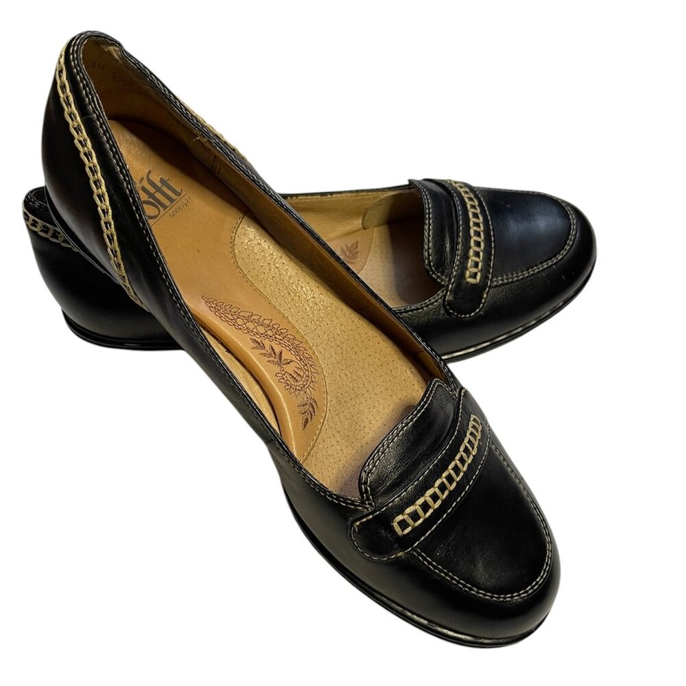 Söfft Black‎ & Tan Leather Slip On Low Heel Loafer Flats Sz.8